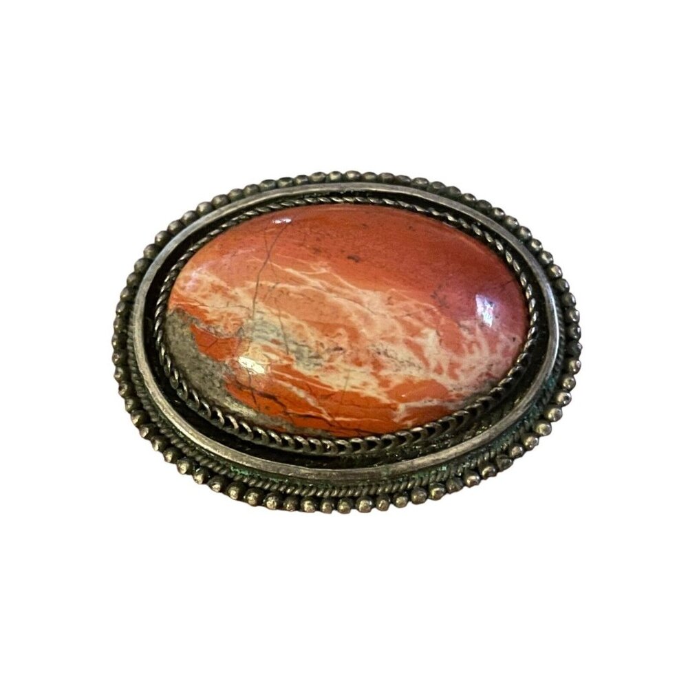 Red Jasper Sterling Silver 925 Brooch Pin Pendant Made In Israel Vintage Oval